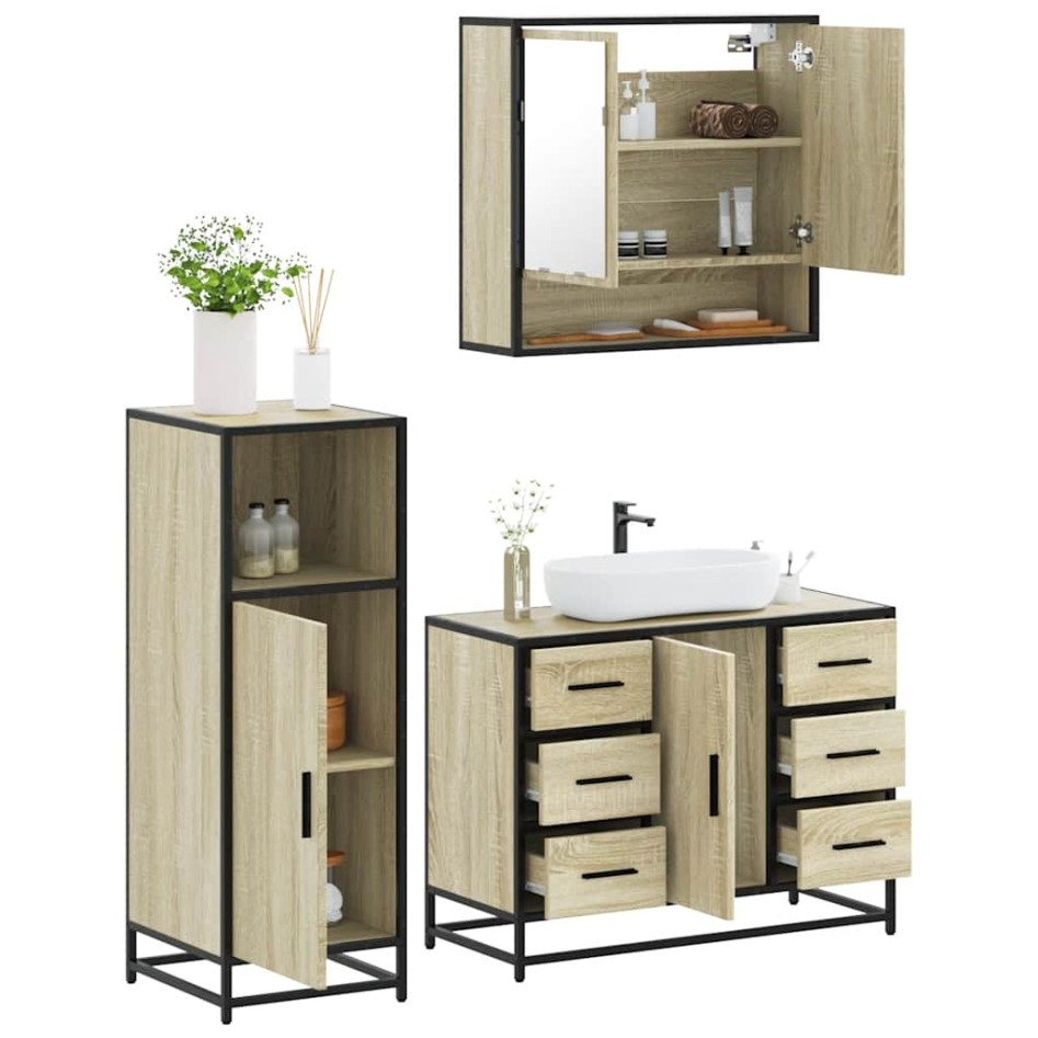 Set de muebles de baño 3 pzas madera contrachapada roble