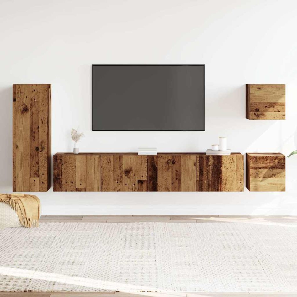 Conjunto de mueble de TV 5 piezas montado la pared madera