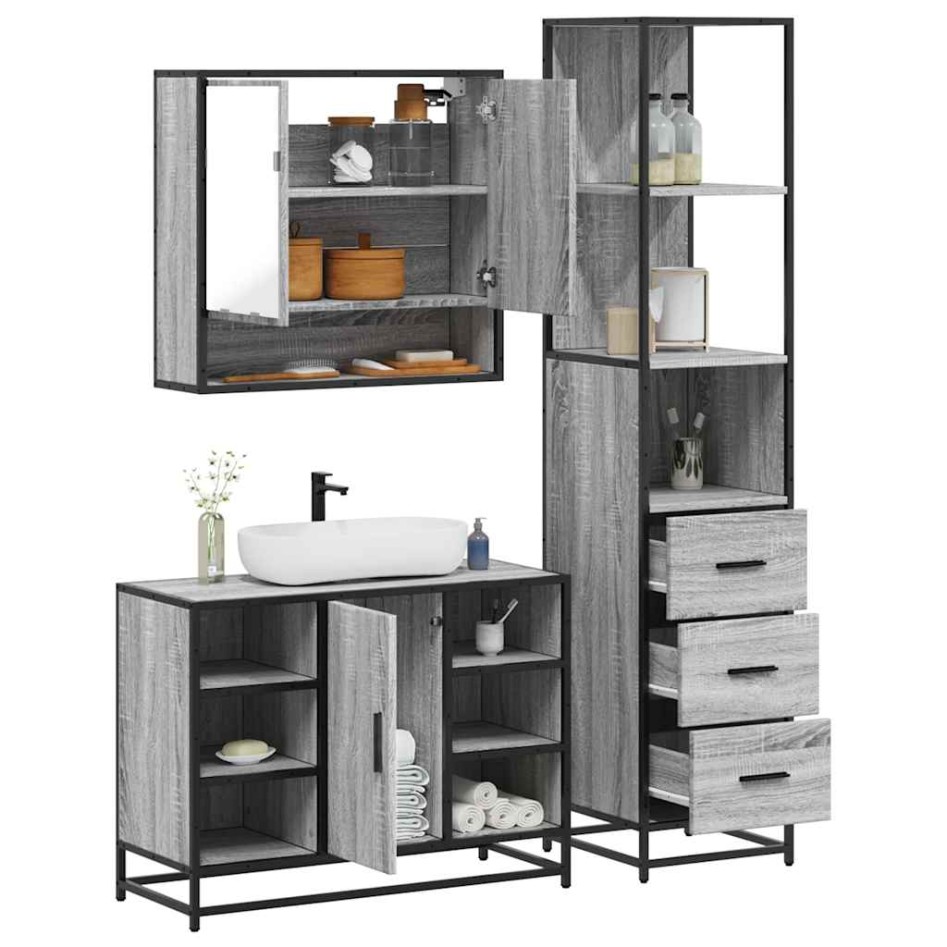 Set de muebles de baño 3 pzas madera contrachapada gris