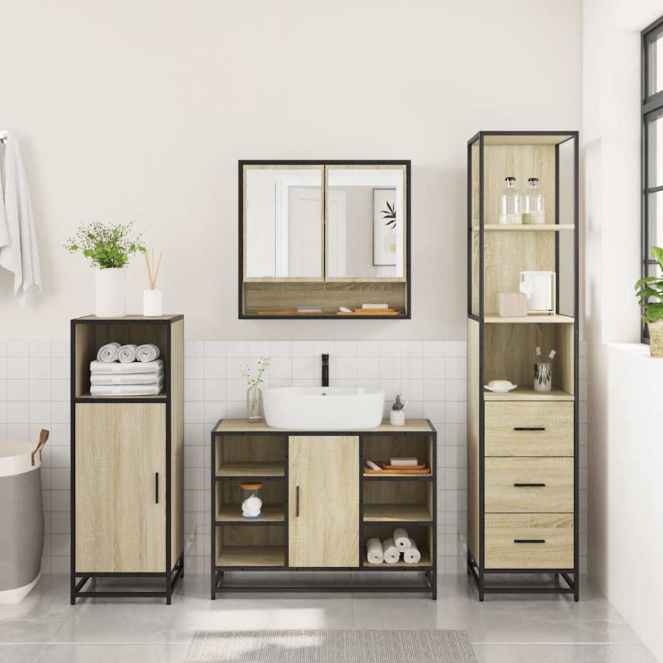Set de muebles de baño 3 pzas madera contrachapada roble
