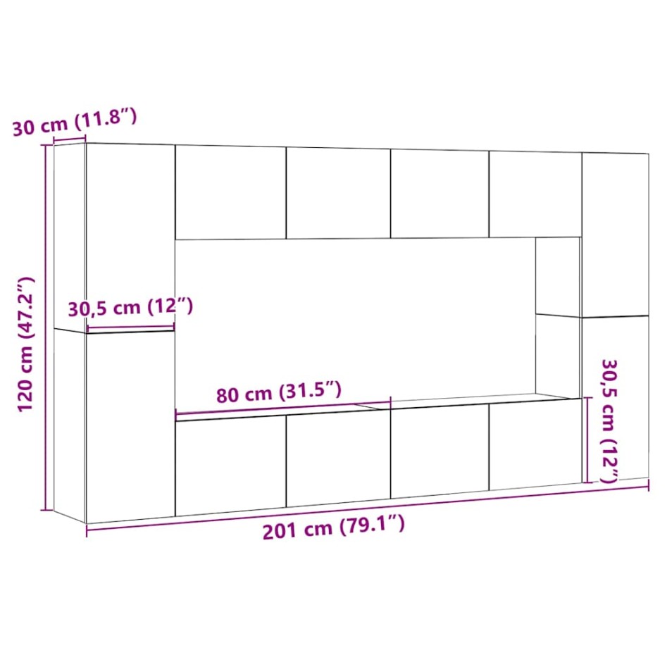 Conjunto de mueble de TV 8 piezas montado la pared madera