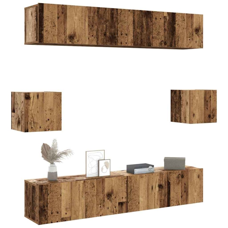 Conjunto de mueble de TV 6 piezas montado la pared madera