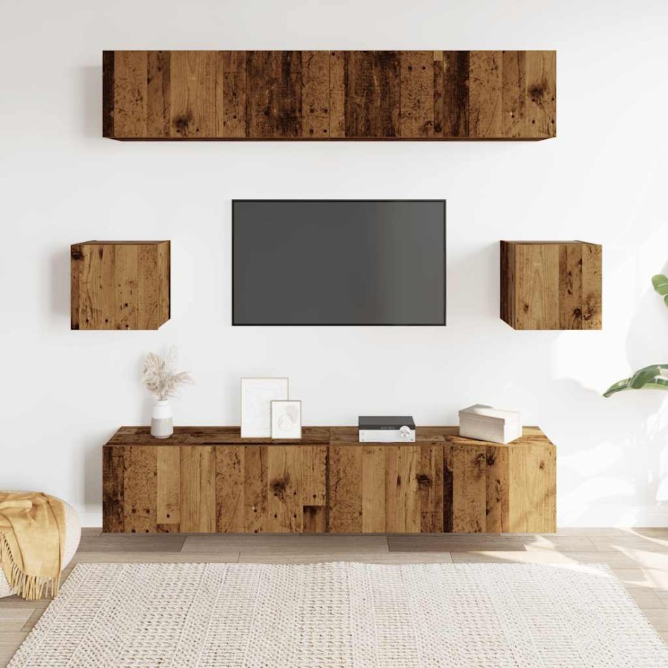 Conjunto de mueble de TV 6 piezas montado la pared madera