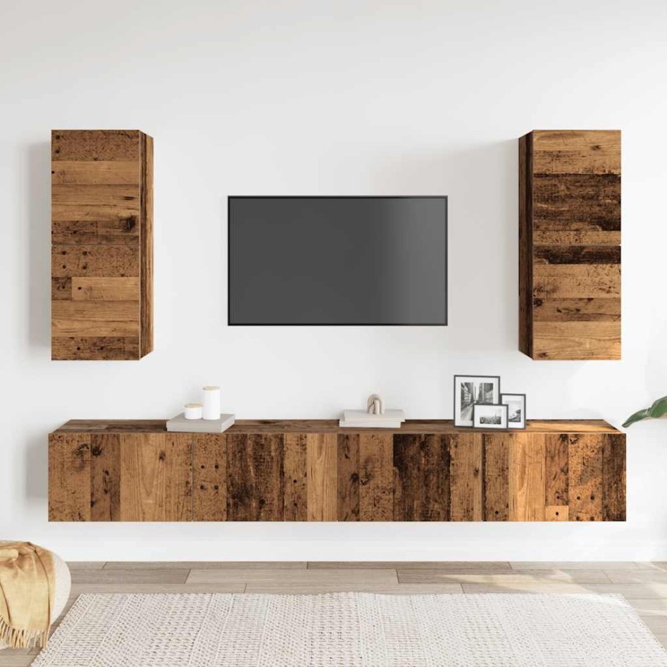 Conjunto de mueble de TV 4 piezas montado la pared madera