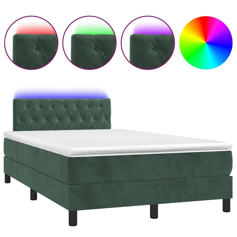 Cama box spring colchón y LED terciopelo verde oscuro