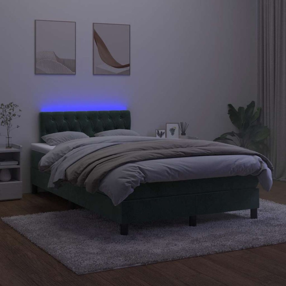 Cama box spring colchón y LED terciopelo verde oscuro