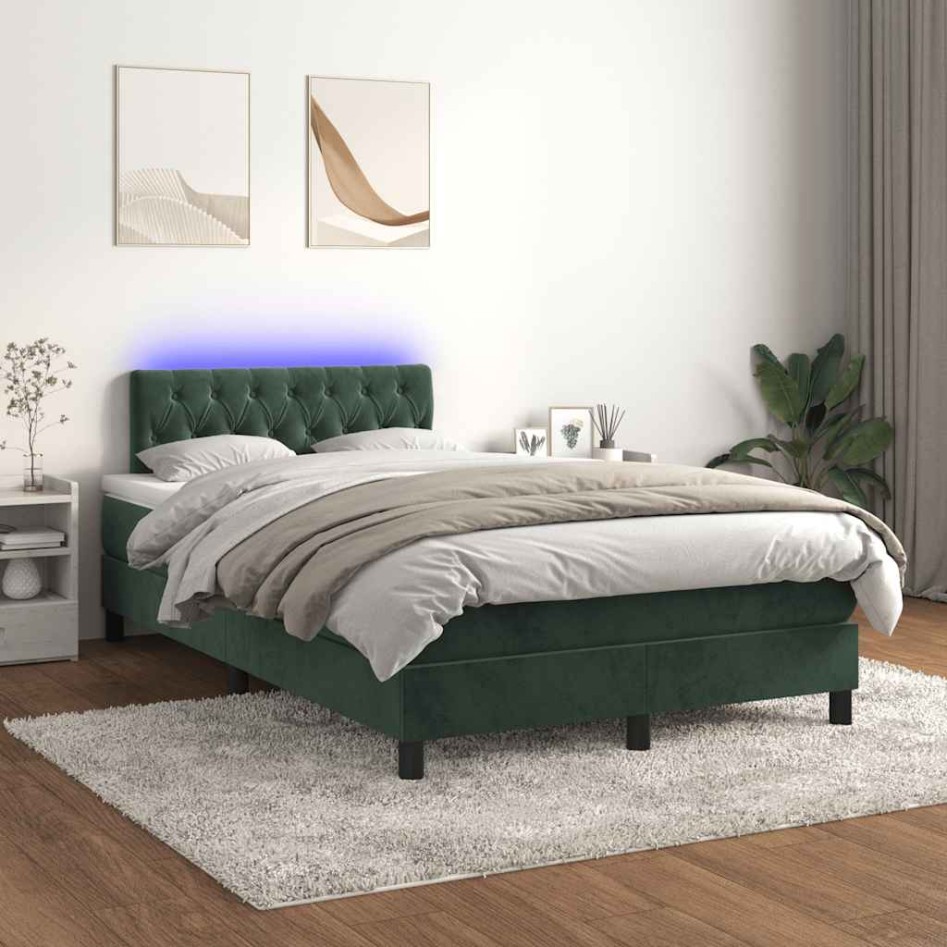 Cama box spring colchón y LED terciopelo verde oscuro