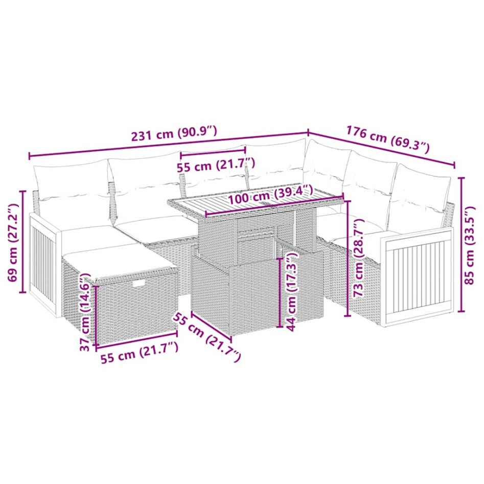 Juego de sofás de jardín con cojines beige 8 pzas ratán