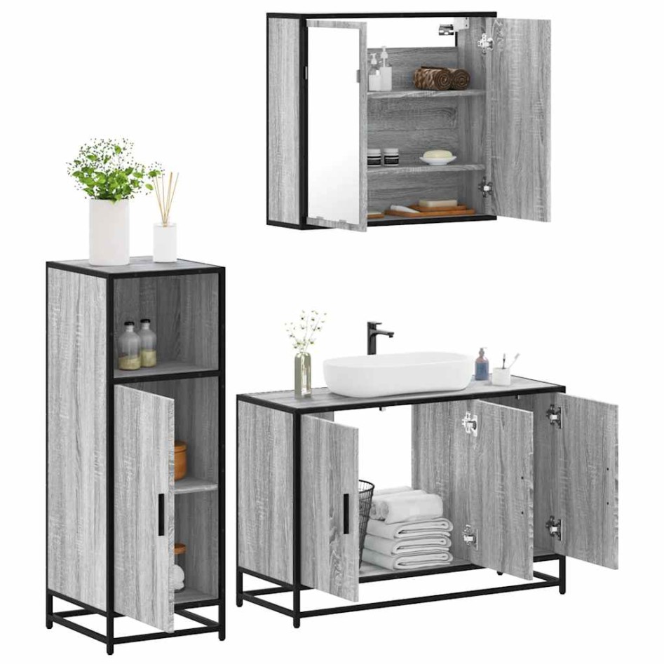 Set de muebles de baño 3 pzas madera contrachapada gris