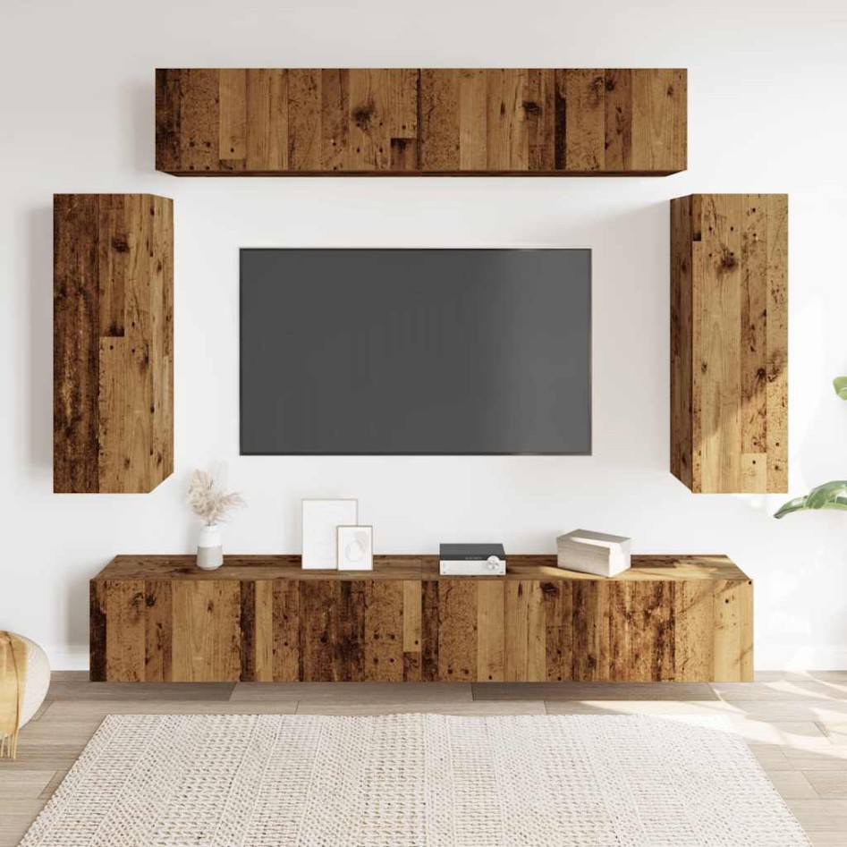 Conjunto de mueble de TV 6 piezas montado la pared madera