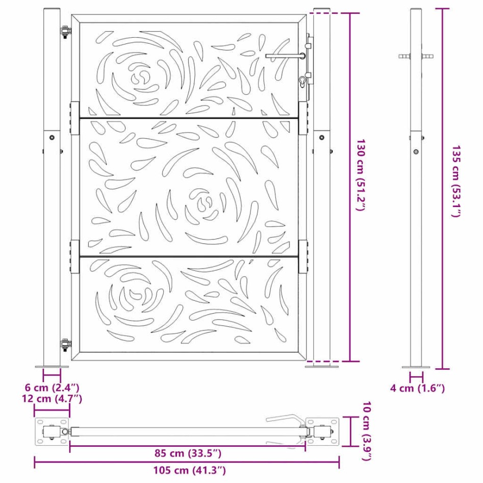 Puerta de jardín diseño llama acero desgastado 105x130