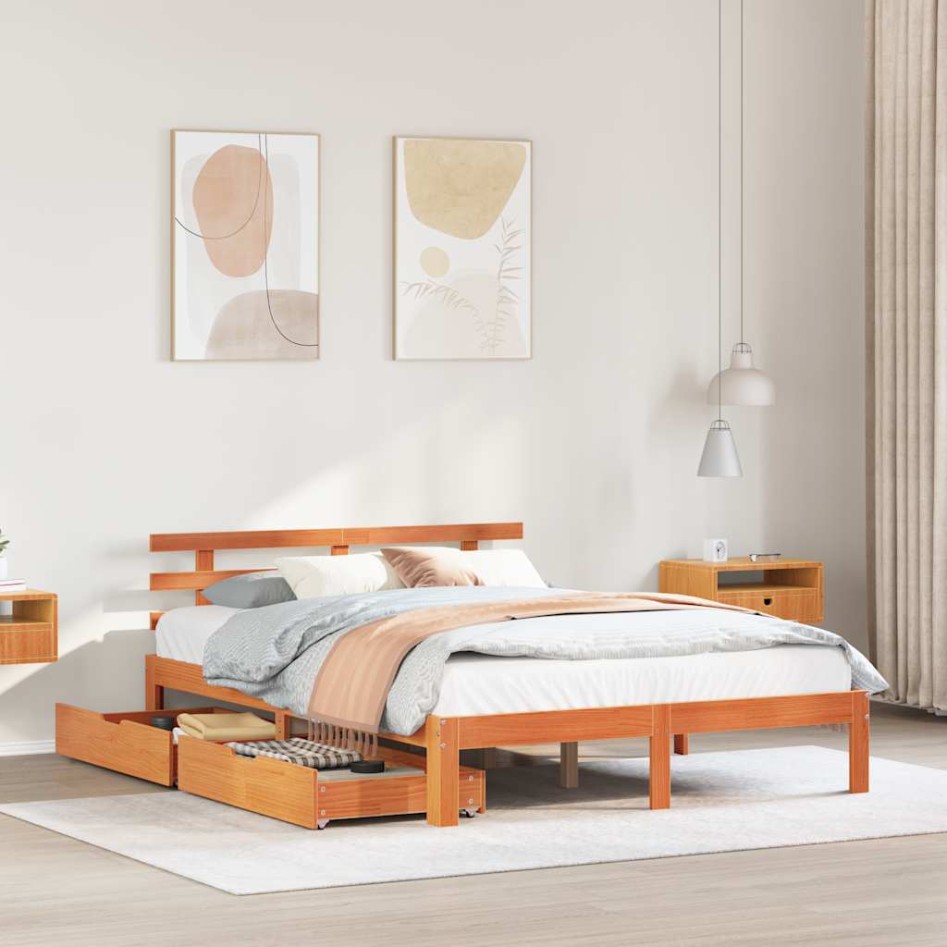 Estructura cama con cajones madera pino marrón cera 140x190