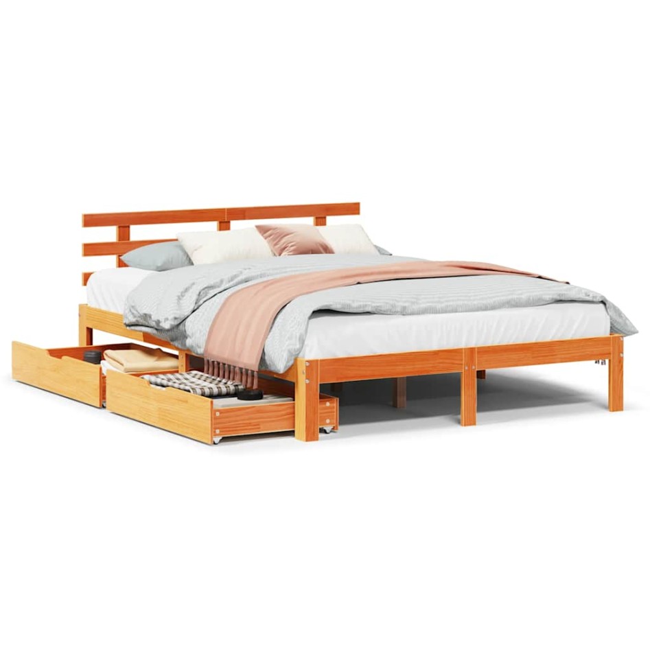 Estructura cama con cajones madera pino marrón cera 140x190
