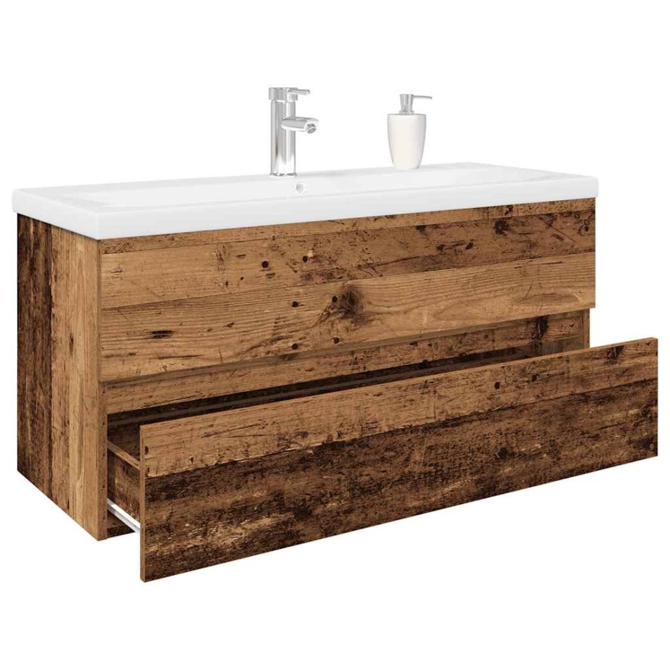 Mueble lavabo con lavabo integrado y grifo madera