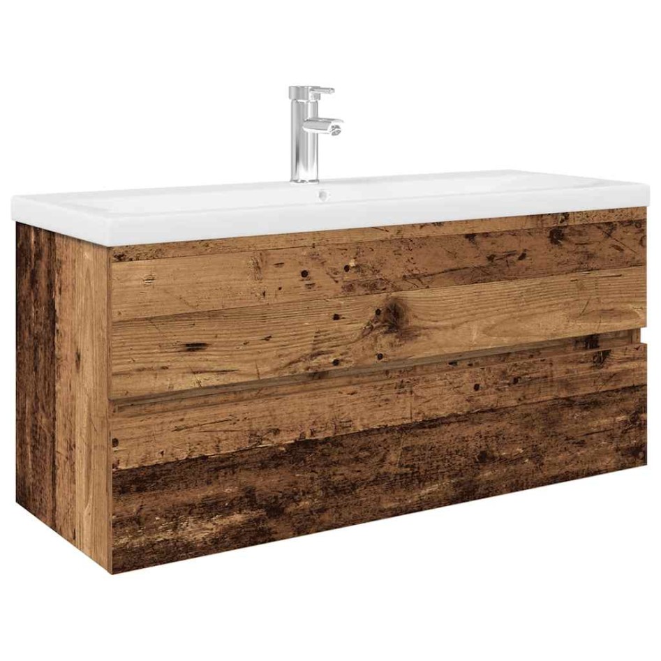 Mueble lavabo con lavabo integrado y grifo madera