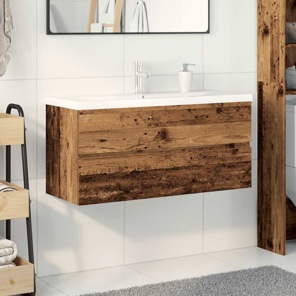 Mueble lavabo con lavabo integrado y grifo madera