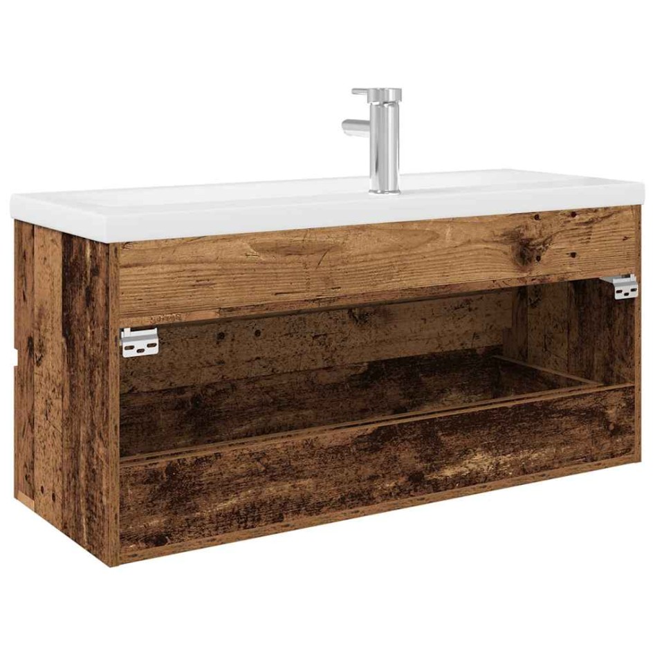 Mueble lavabo con lavabo integrado y grifo madera