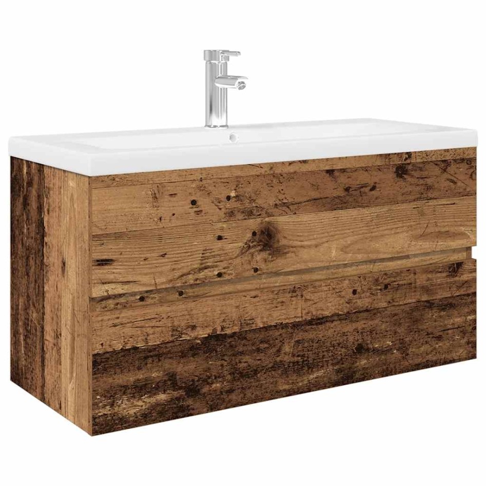 Mueble lavabo con lavabo integrado y grifo madera