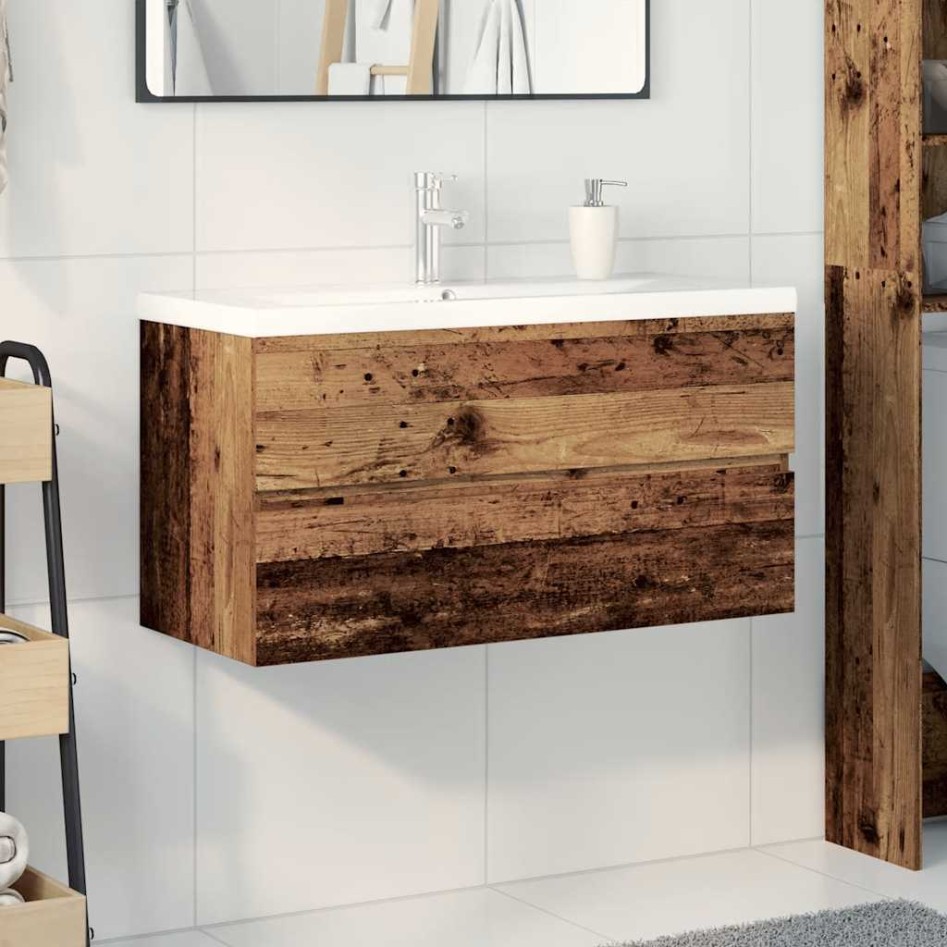 Mueble lavabo con lavabo integrado y grifo madera
