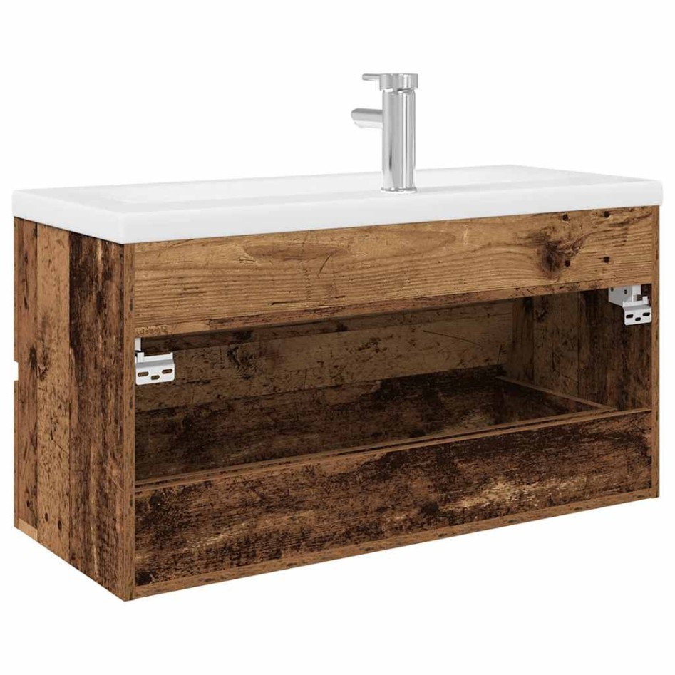 Mueble lavabo con lavabo integrado y grifo madera