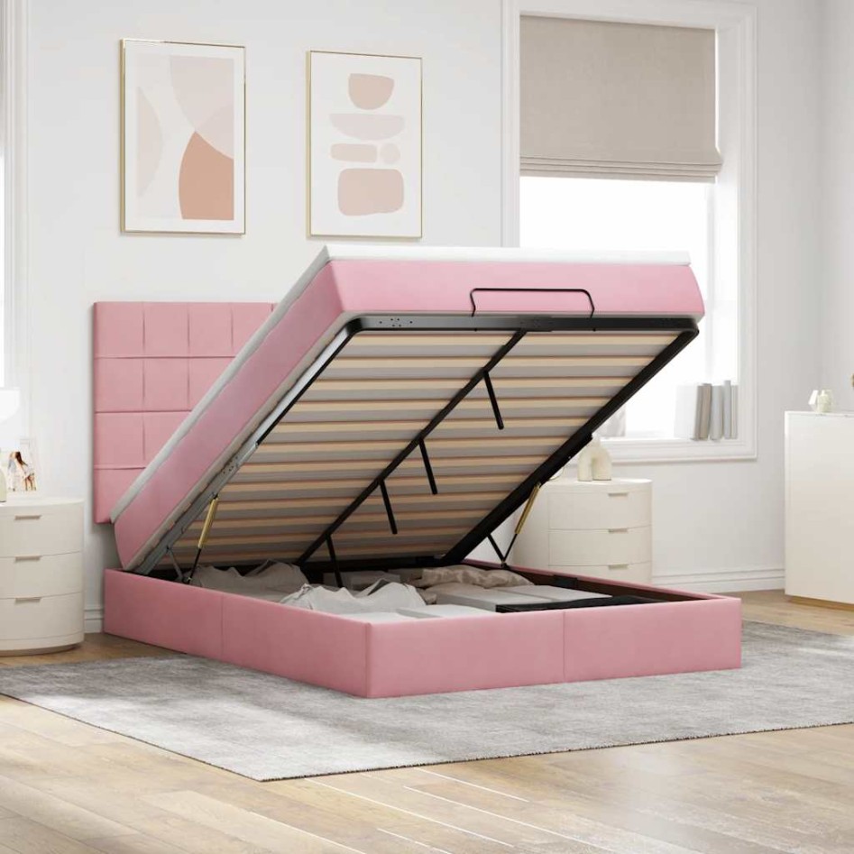 Estructura cama otomana con colchones terciopelo rosa