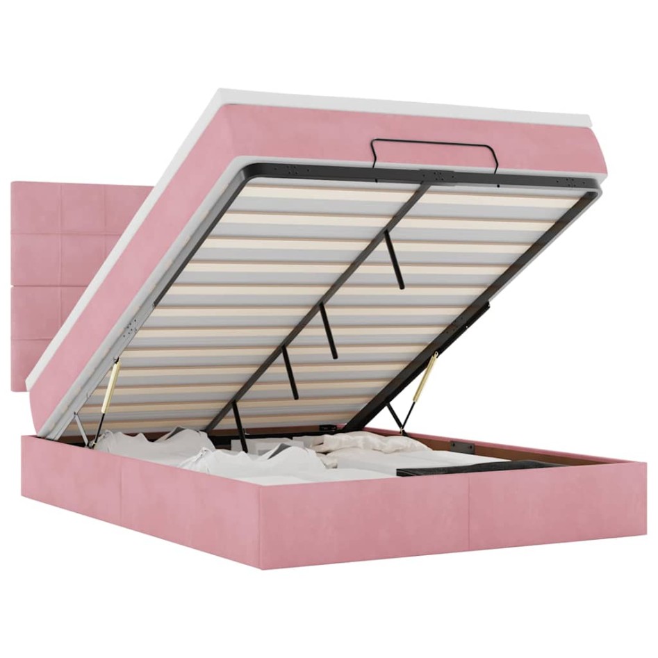 Estructura cama otomana con colchones terciopelo rosa