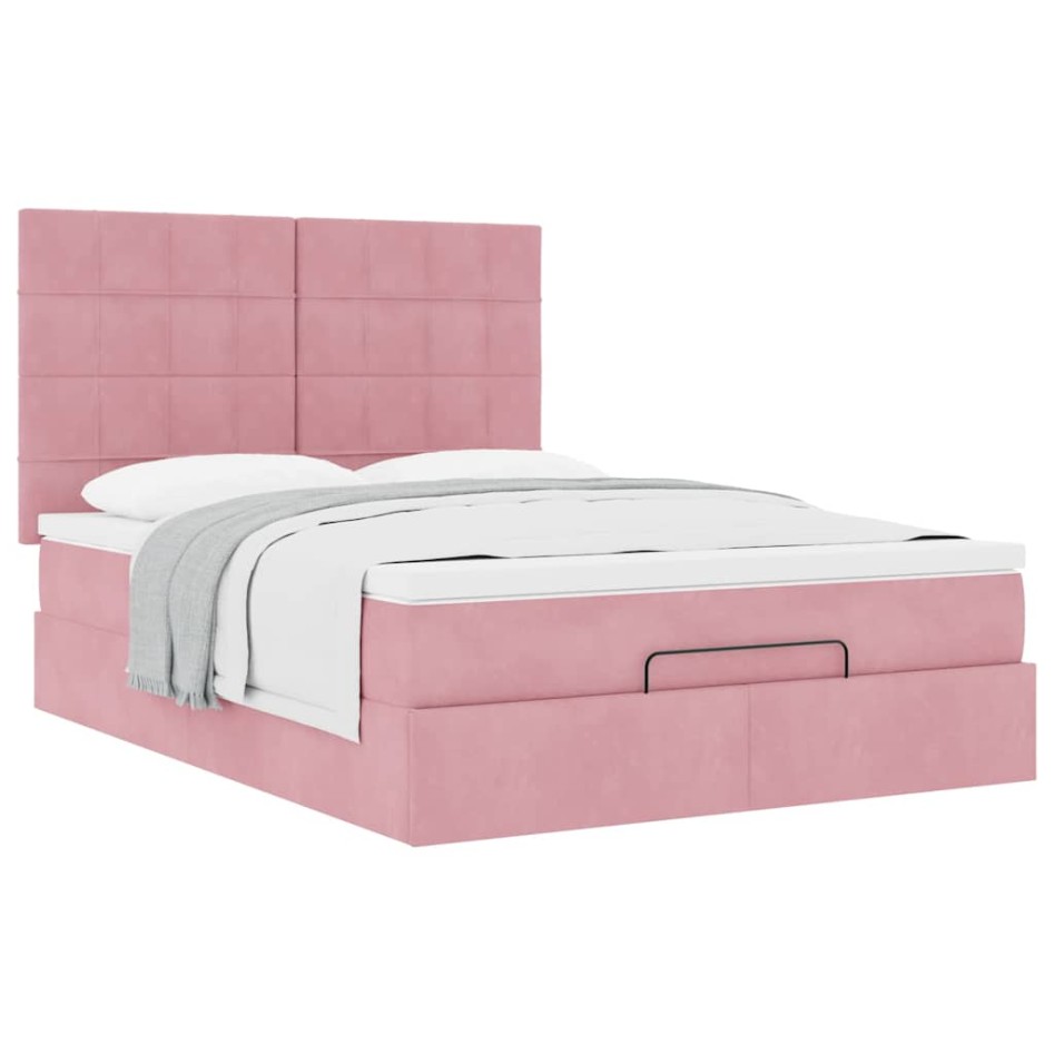 Estructura cama otomana con colchones terciopelo rosa