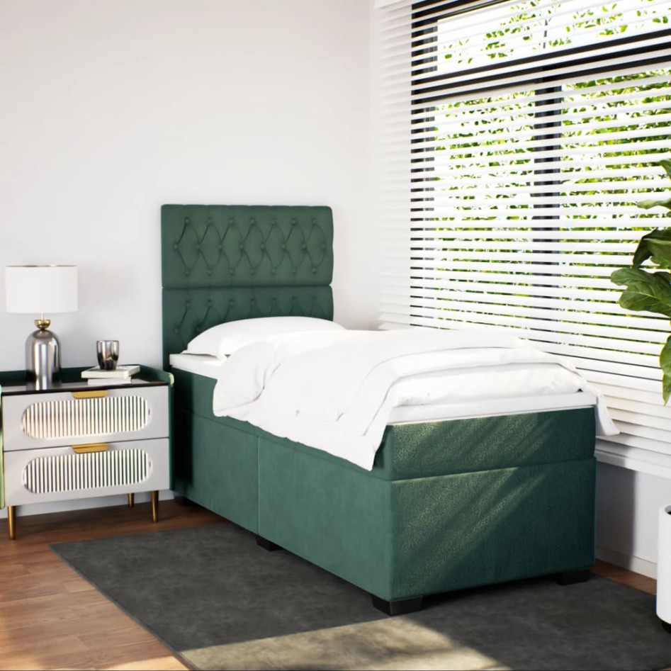 Cama box spring con colchón terciopelo verde oscuro 90x200