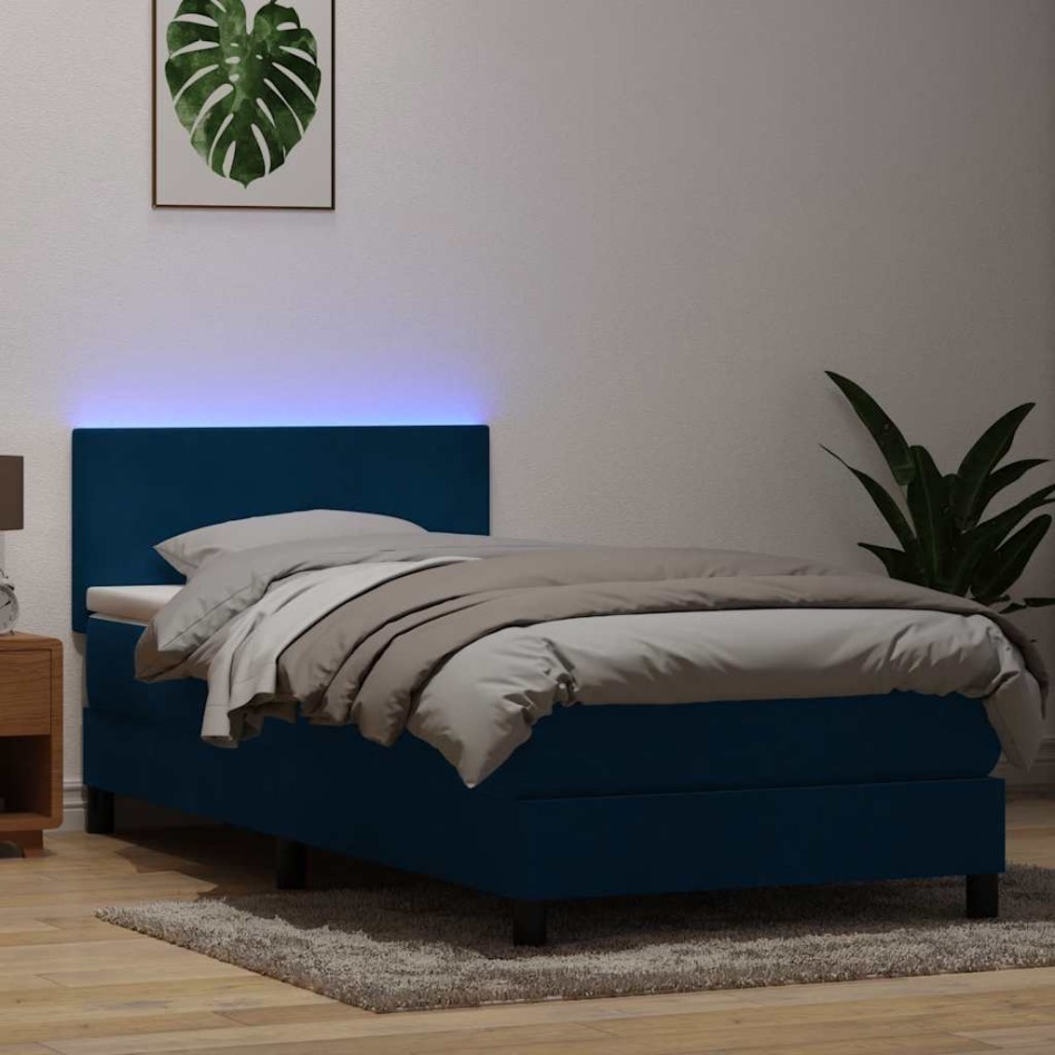 Cama box spring con colchón terciopelo azul oscuro 80x210