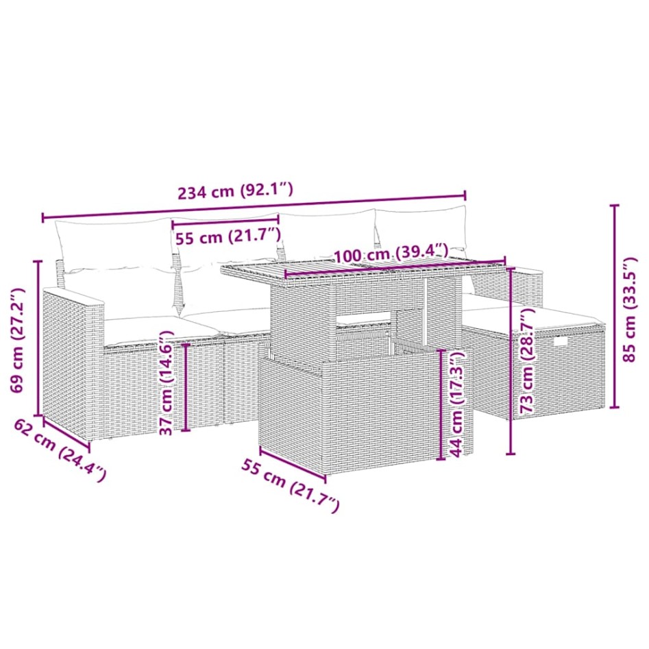 Juego de sofás jardín con cojines 6 pzas ratán sintético
