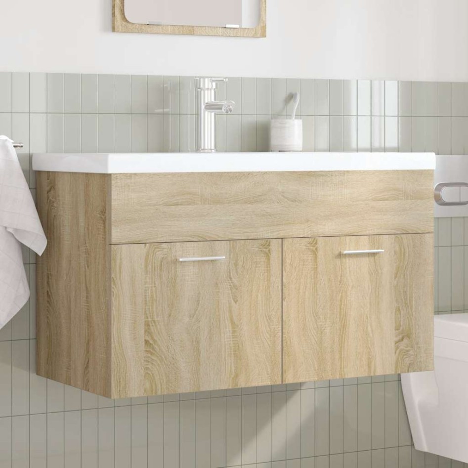 Mueble de baño con lavabo incorporado y grifo roble