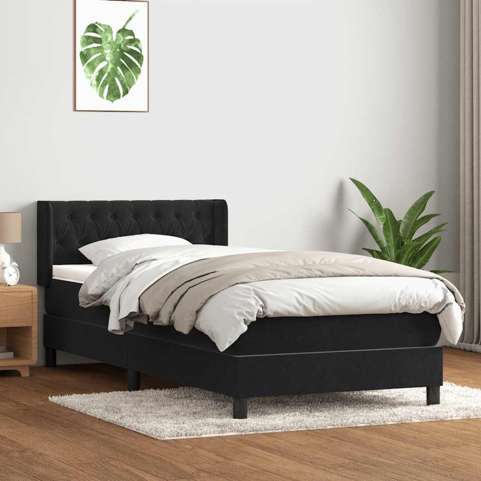 Cama box spring con colchón terciopelo negro 90x220