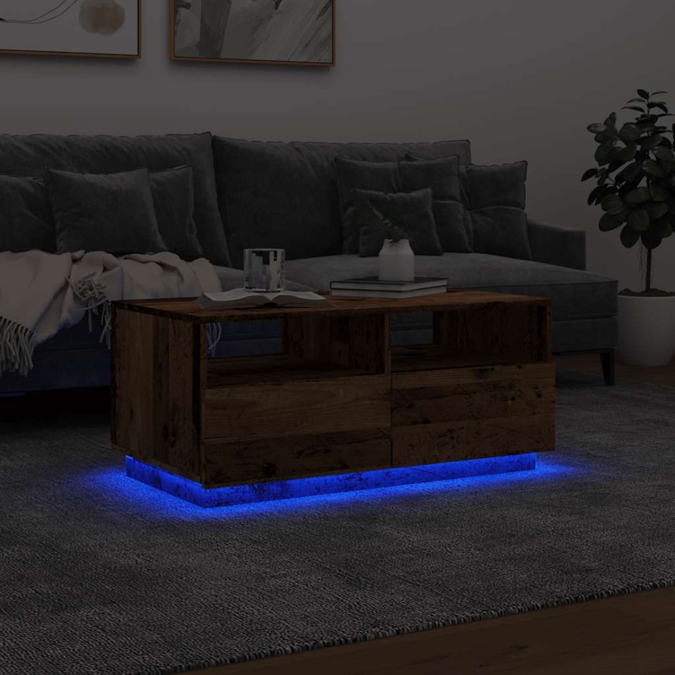 Mesa de centro con luces LED madera envejecida 90x49x40