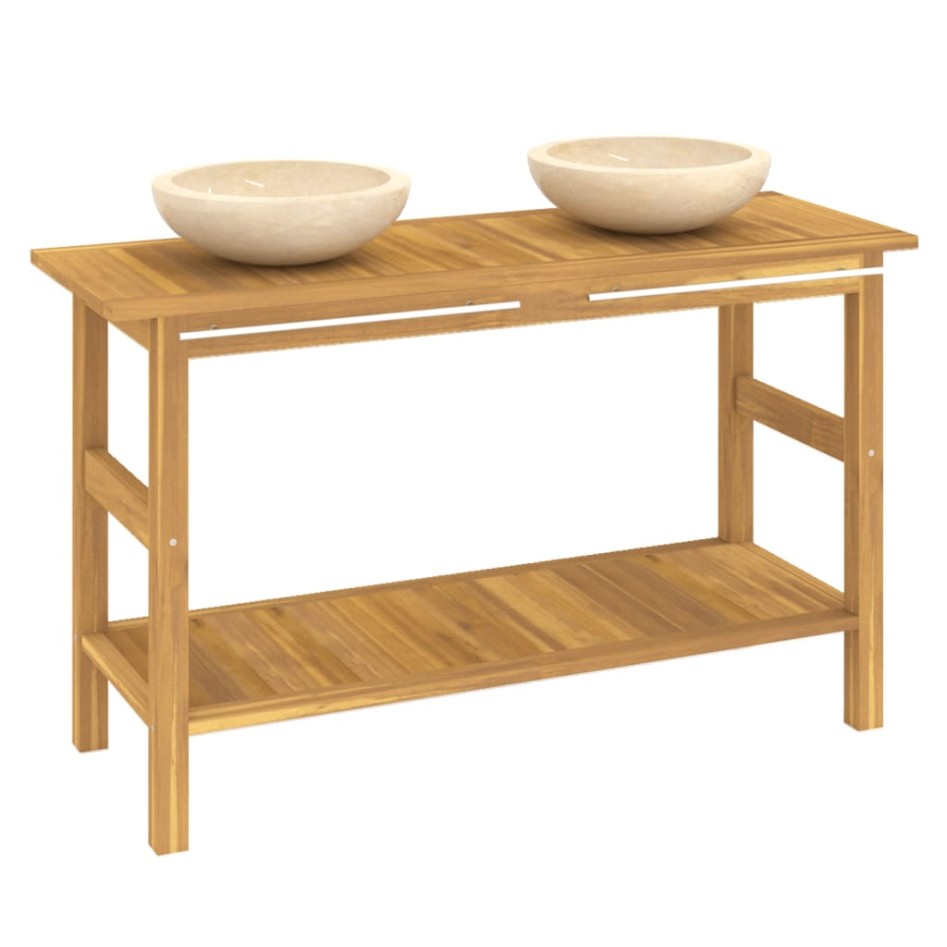 Tocador de baño madera maciza de teca con lavabos mármol