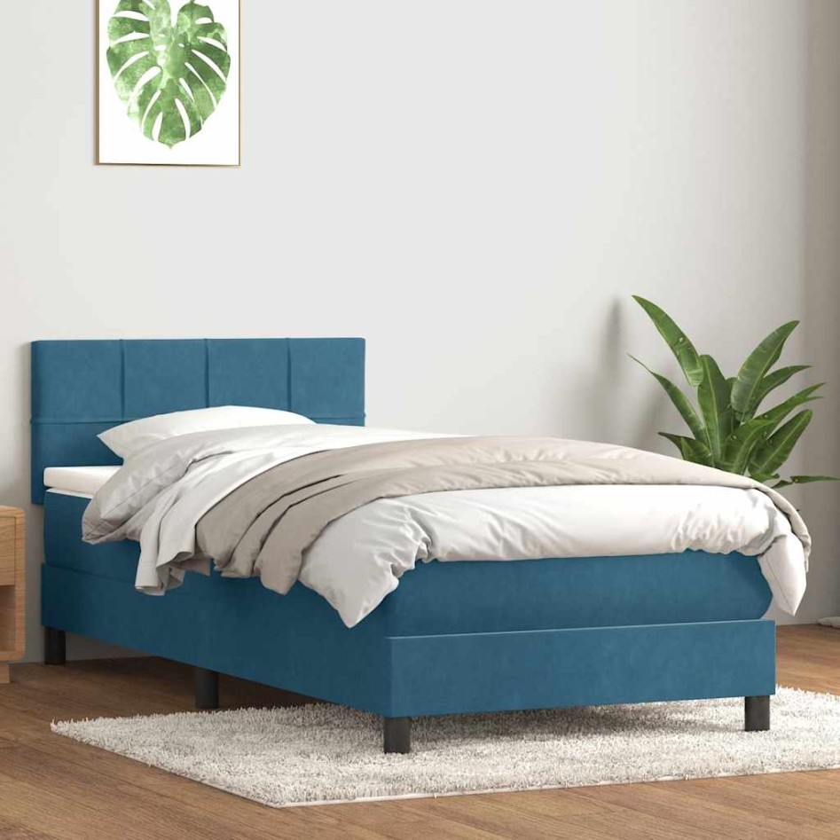 Cama box spring con colchón terciopelo azul oscuro 80x210