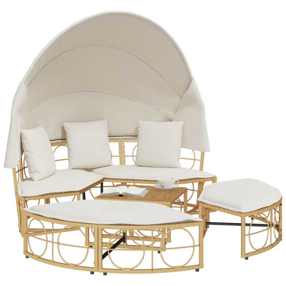 Tumbona cama de jardín con capota y cojines ratán