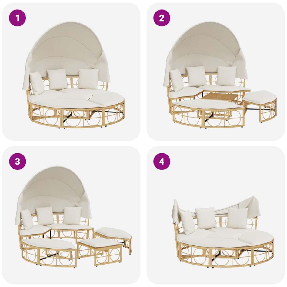 Tumbona cama de jardín con capota y cojines ratán