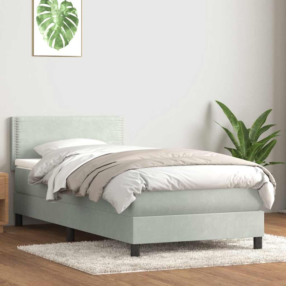Cama box spring con colchón terciopelo gris claro 90x210