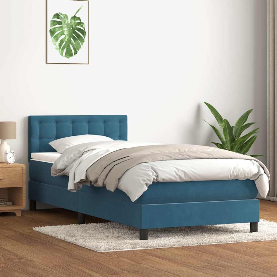 Cama box spring con colchón terciopelo azul oscuro 80x210