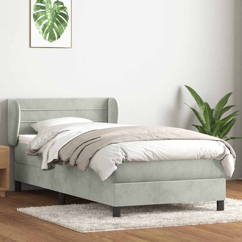 Cama box spring con colchón terciopelo gris claro 90x210