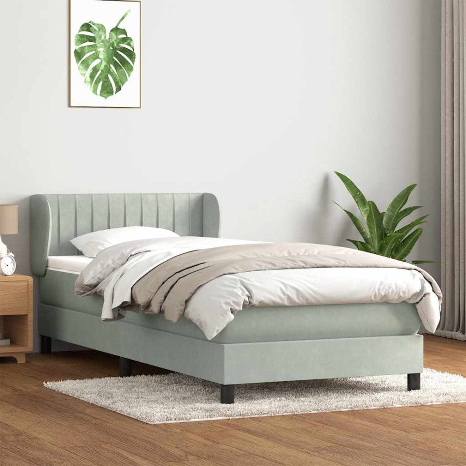 Cama box spring con colchón terciopelo gris claro 90x220