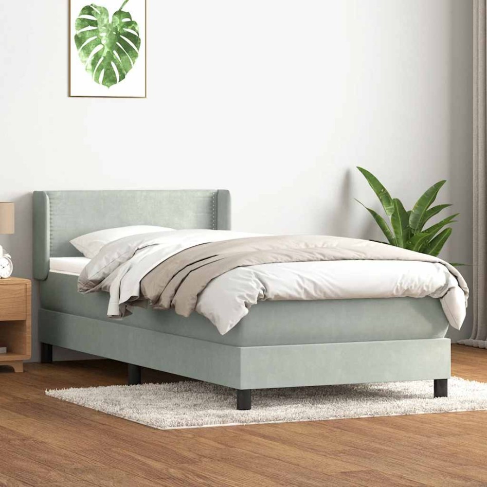 Cama box spring con colchón terciopelo gris claro 80x220