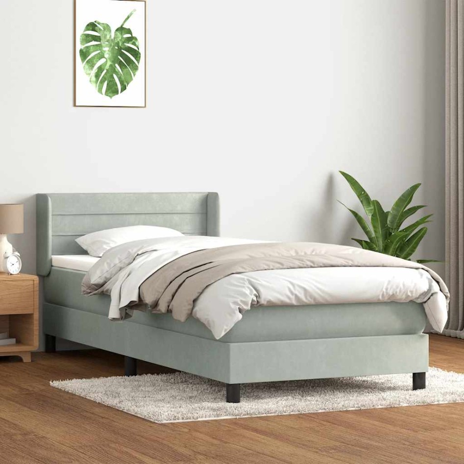 Cama box spring con colchón terciopelo gris claro 90x220