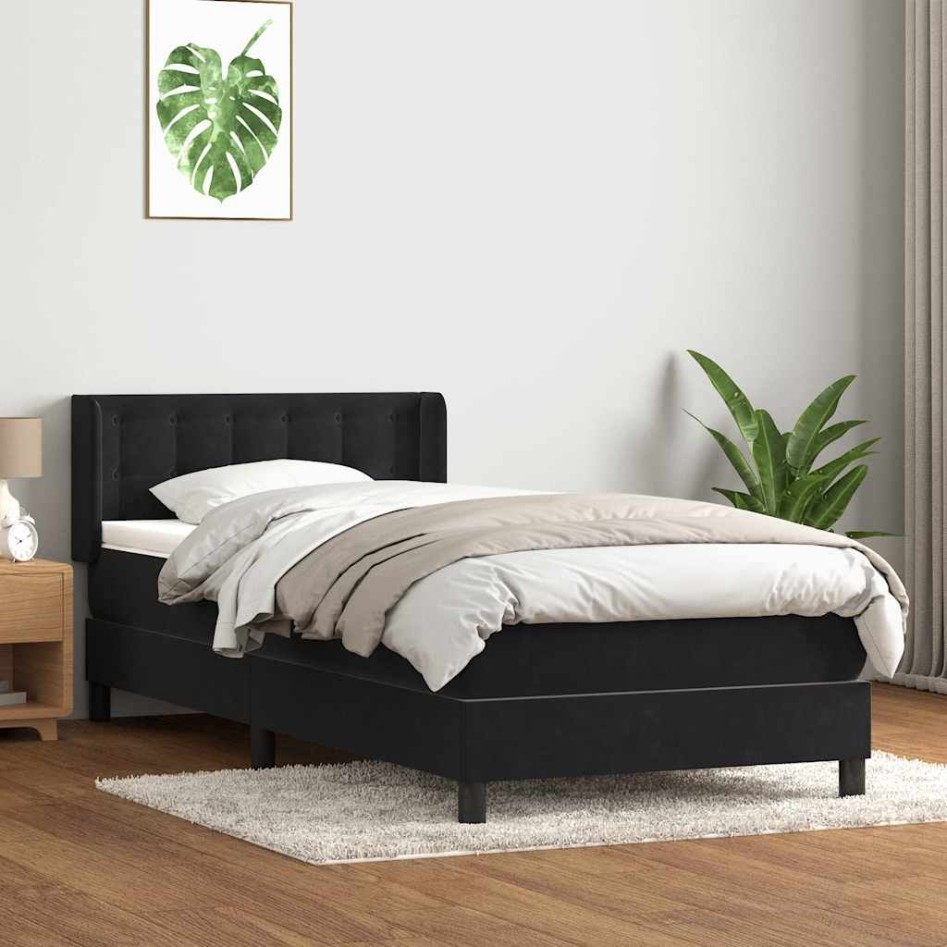Cama box spring con colchón terciopelo negro 90x220