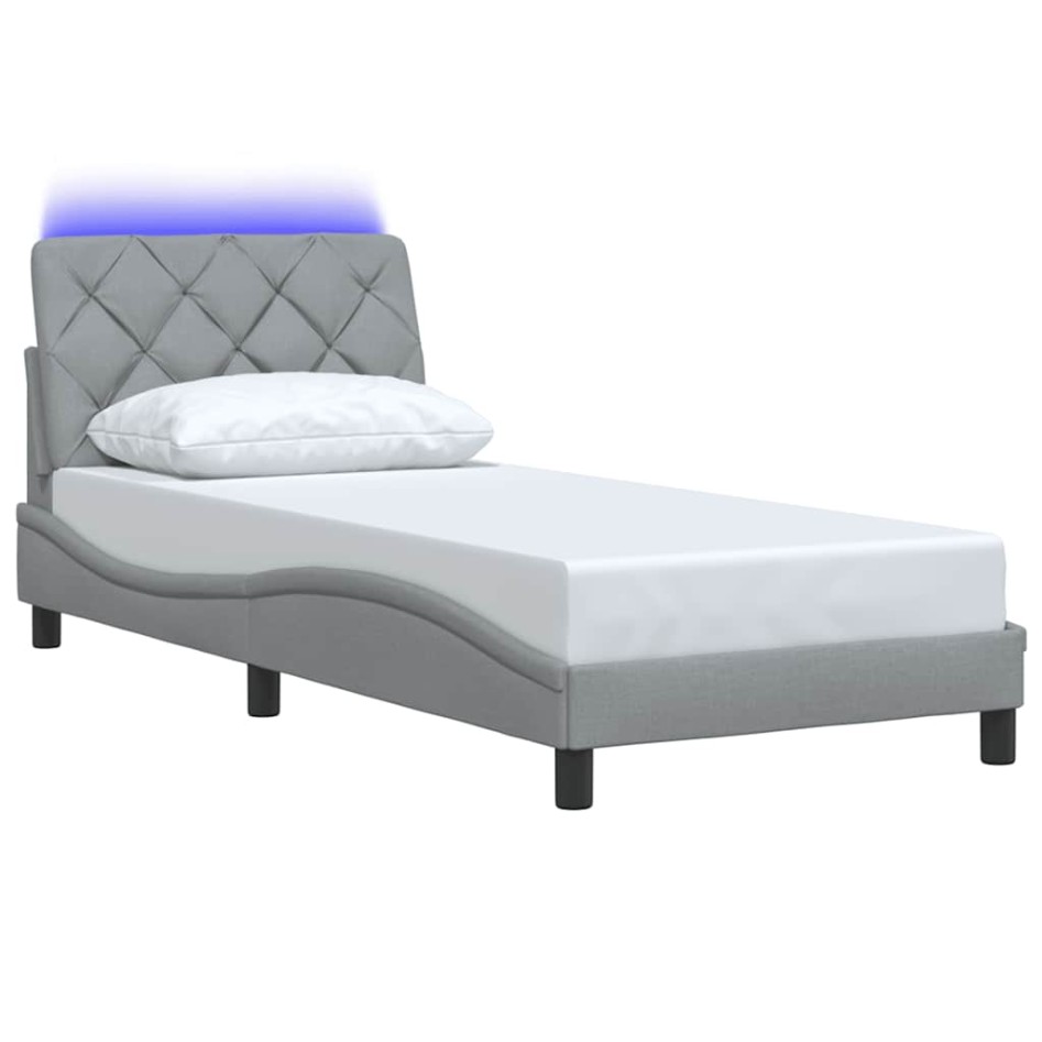 Estructura de cama con LED sin colchón tela gris claro