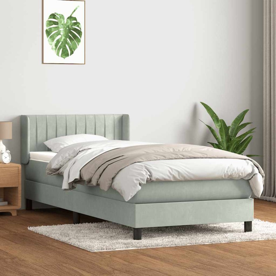 Cama box spring con colchón terciopelo gris claro 90x210