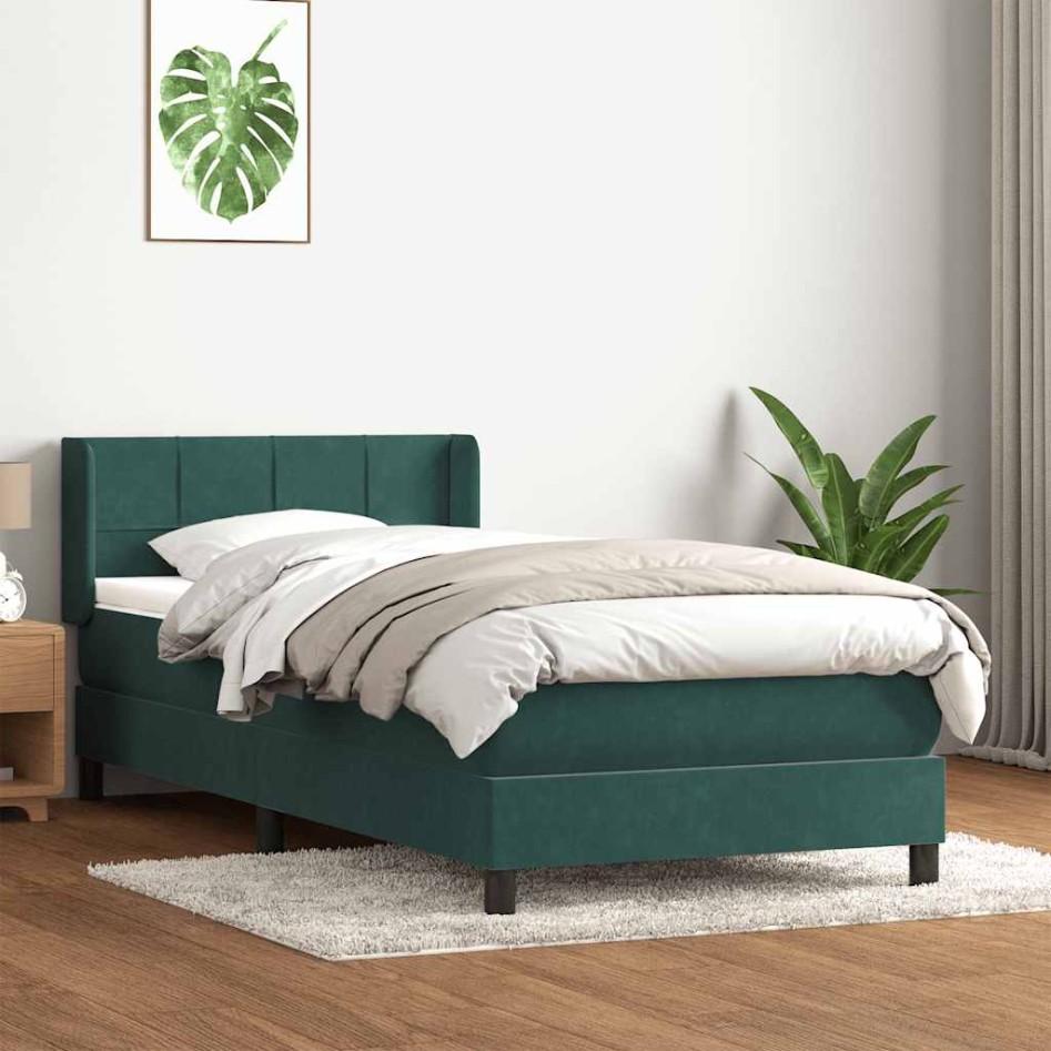 Cama box spring con colchón terciopelo verde oscuro 90x210