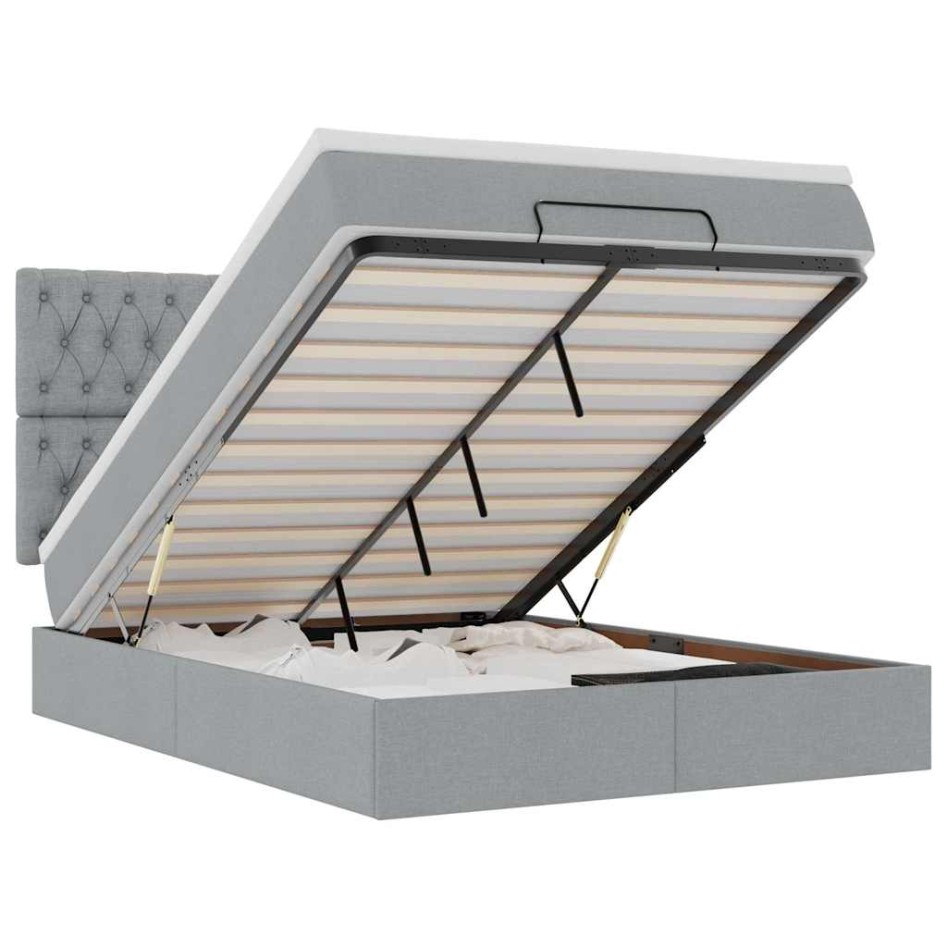 Estructura cama otomana colchón tela gris claro