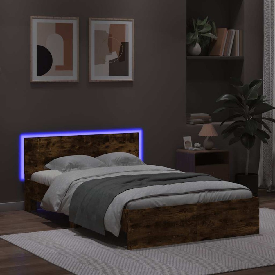 Estructura de cama cabecero y luces LED roble ahumado