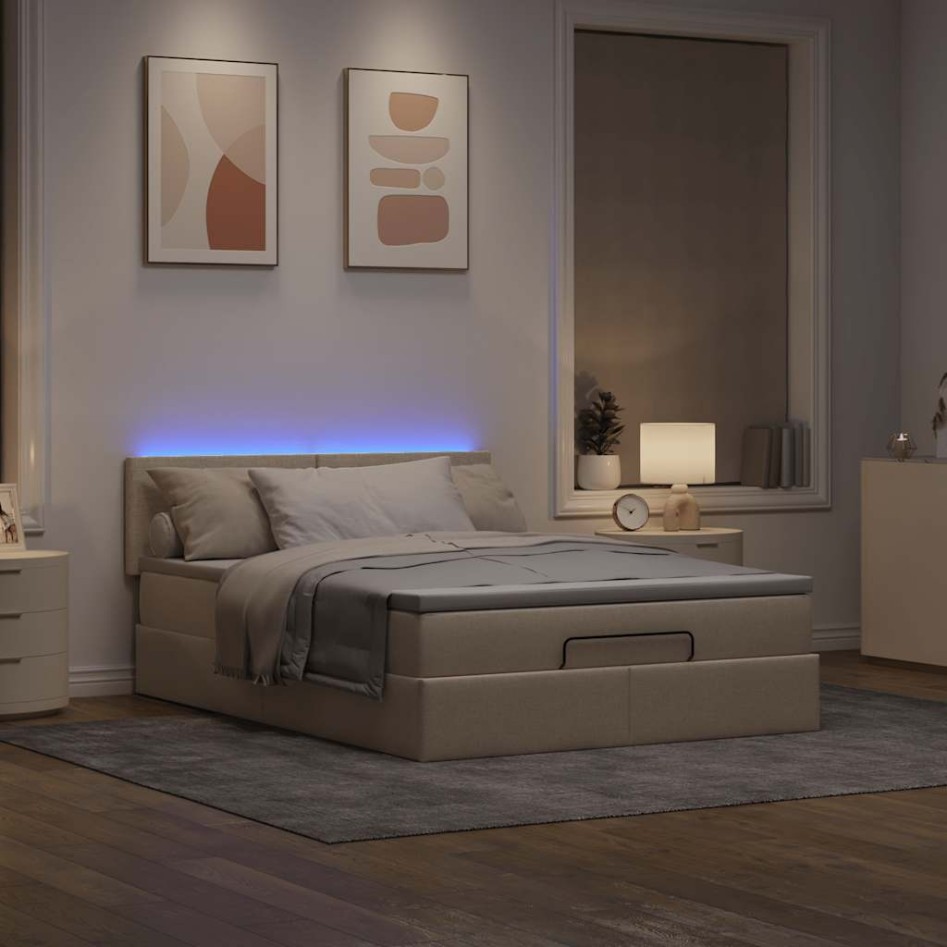 Cama otomana con colchón LED crema 140x190 cm